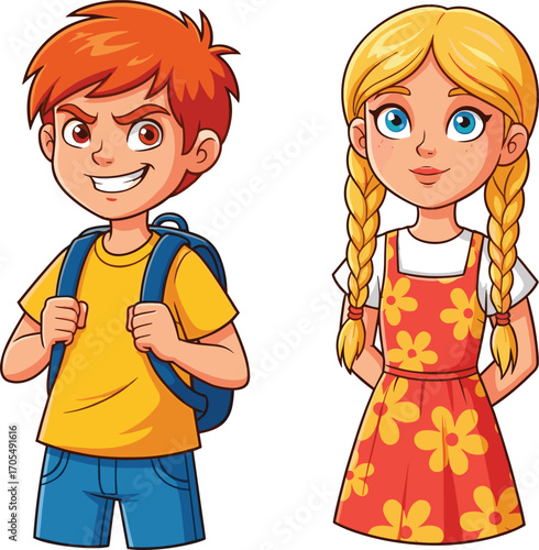 Cartoon boy with backpack and confident smile, girl with braided hair in floral dress, happy kids, school, friendship, childhood