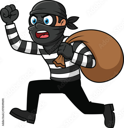 Cartoon burglar running with sack in striped shirt and mask, thief character in action, crime escape vector illustration for design