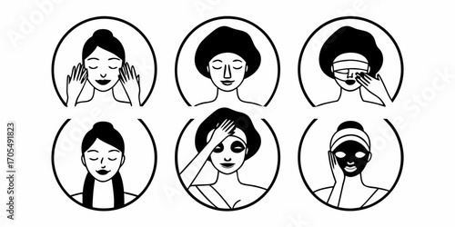 Illustrations showing different stages of a woman applying facial treatments in six circular frames