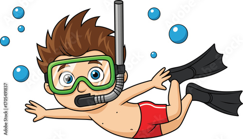 Cartoon child swimming underwater with snorkel mask and fins, fun ocean activity, kids summer adventure, aquatic sports vector illustration design