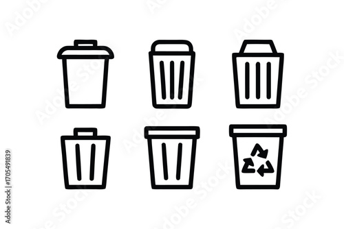 Collection of six different trash bin outlines displays a variety of shapes and styles