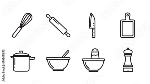 Collection of kitchen utensils and tools in a simple silhouette style