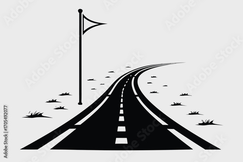 Curved asphalt highway stretches into distance with roadside vegetation and a flag standing vertically