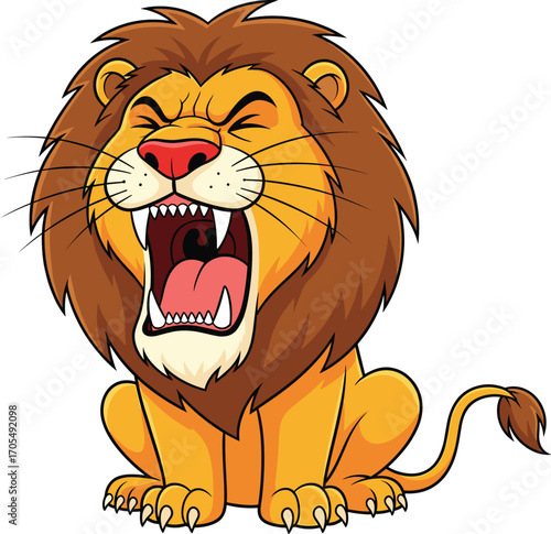 Cartoon lion roaring with open mouth and big mane, wild jungle animal character sitting in expressive pose vector illustration design