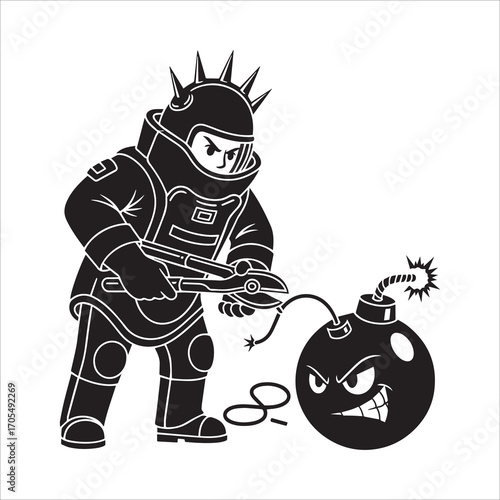 Vector art of bomb disposal expert, black and white art