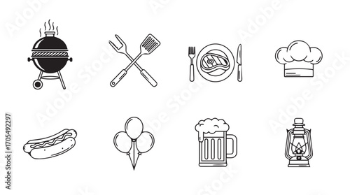 Collection of barbecue and outdoor cooking icons in silhouette style