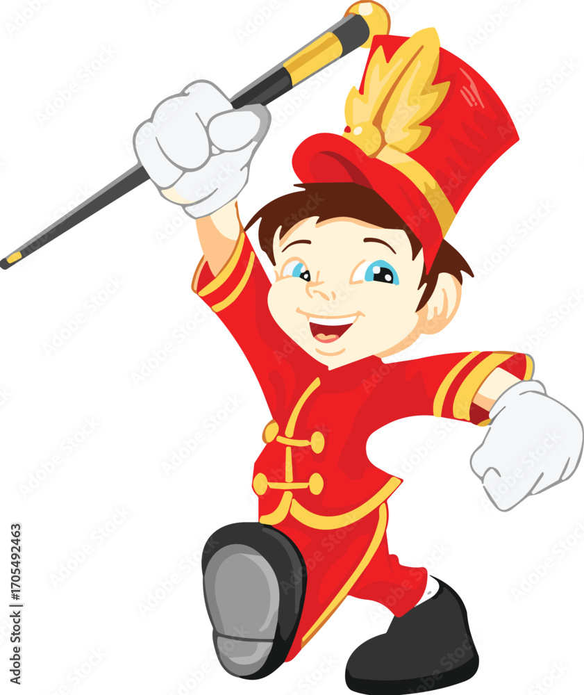 Cheerful Drum Major Boy Illustration in Marching Band Uniform with Red, Gold Details and Baton Art for Kids Content Vector Themes
