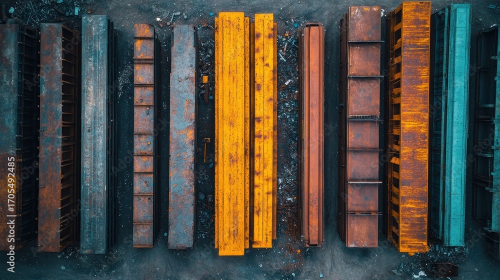 Obraz premium Stacked rusty metal beams, various colors. Overhead view