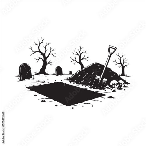 Vector art of open grave with shovel and skull, a morbid scene
