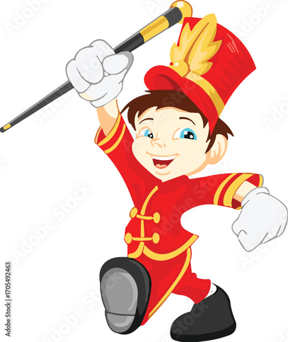 Cheerful Drum Major Boy Illustration in Marching Band Uniform with Red, Gold Details and Baton Art for Kids Content Vector Themes