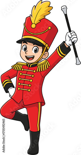 Cartoon Drum Major Character in Red Parade Uniform with Baton, Marching Pose, Cheerful Expression – Vector for Music Festival Design