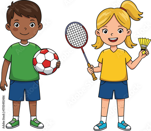 Cartoon children playing sports, boy holding soccer ball, girl with badminton racket and shuttlecock, kids activity illustration, vector design