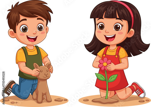 Cartoon children playing with clay and planting flowers, boy sculpting animal and girl gardening, creative and outdoor activity for kids