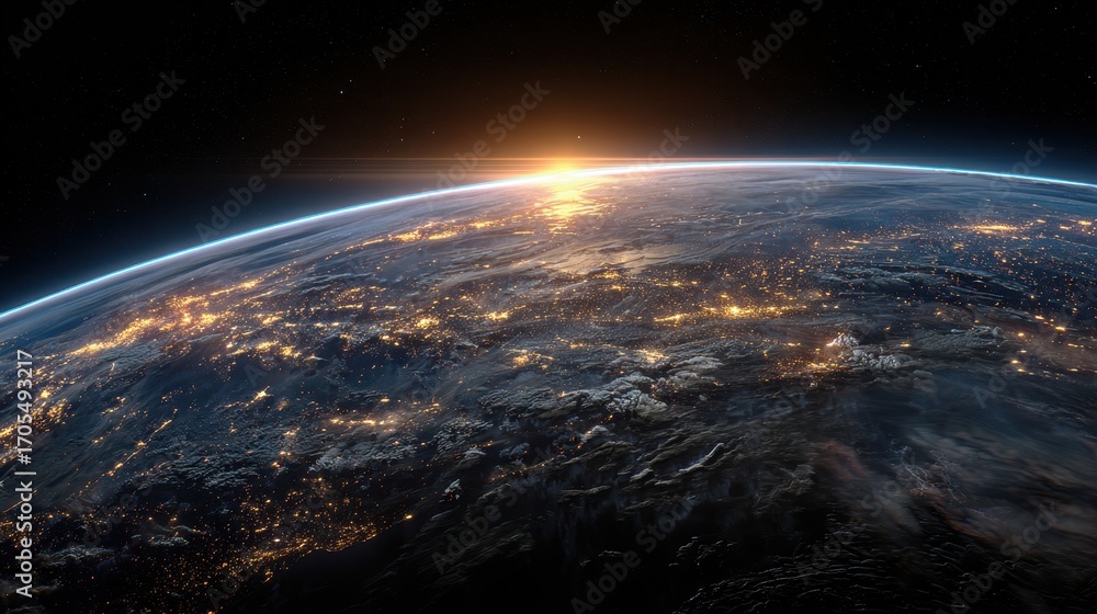 Fototapeta premium Earth at Night from Space with Sunrise Glow and City Lights