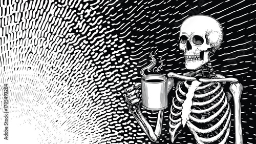 Creepy Skeleton with Coffee Black and White Retro Image