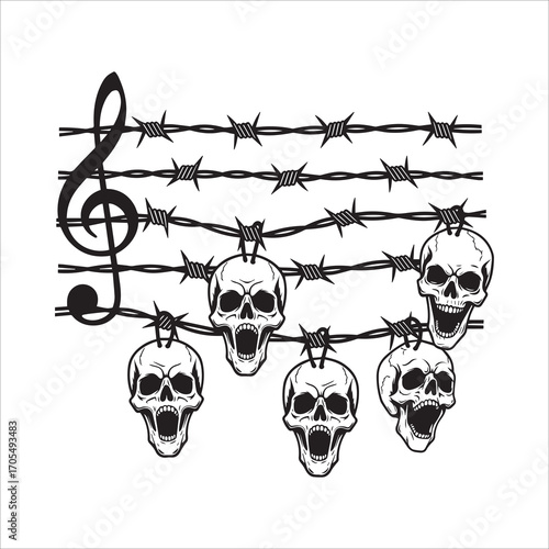 Vector art of musical score with barbed wire and skulls