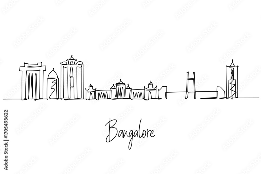 Fototapeta premium Bangalore city skyline continuous line drawing showing Vidhana Soudha, UB Tower, Bangalore Palace and the Cable Stayed Bridge, a cityscape concept for Karnataka tech hub travel theme and modern India.