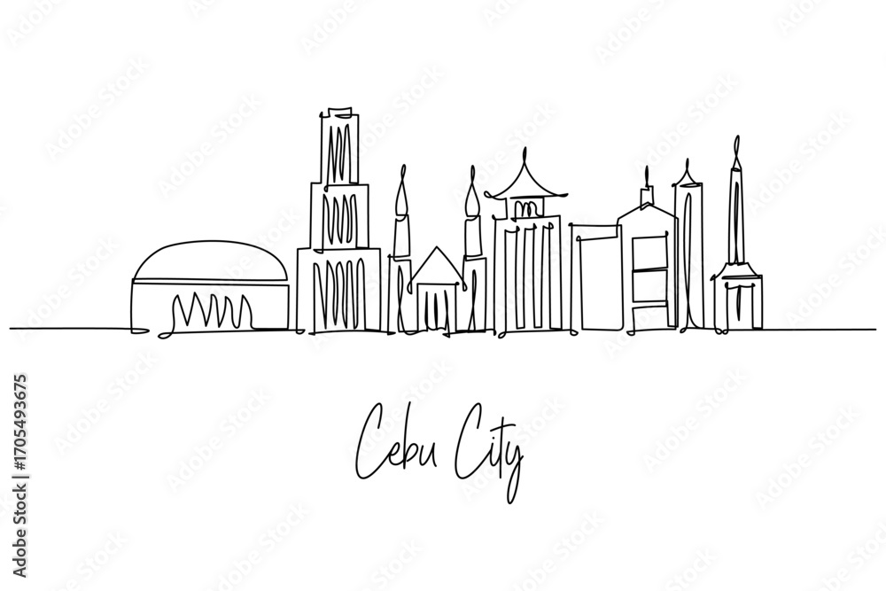 Fototapeta premium Cebu City skyline continuous line drawing with Magellans Cross, Basilica del Santo Nino, Fort San Pedro and Taoist Temple, a cityscape concept for Visayas travel theme and Philippines heritage.