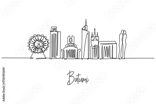 Batumi city skyline single line drawing with Ferris Wheel, Alphabetic Tower, Ali and Nino and seaside promenade, a cityscape concept for Black Sea travel theme and Georgia modern resort.