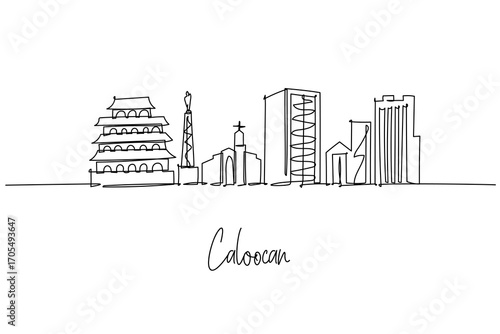 Caloocan city skyline continuous line drawing featuring Bonifacio Monument, Monumento Circle and Grace Park blocks, a cityscape concept for Metro Manila travel theme and northern district identity.