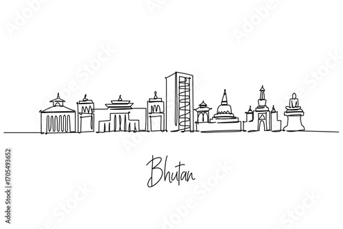 Bhutan country skyline one line drawing with Paro Taktsang, Punakha Dzong, Tashichho Dzong and Buddha Dordenma, a cityscape concept highlighting Bhutanese culture theme for tourism and heritage.