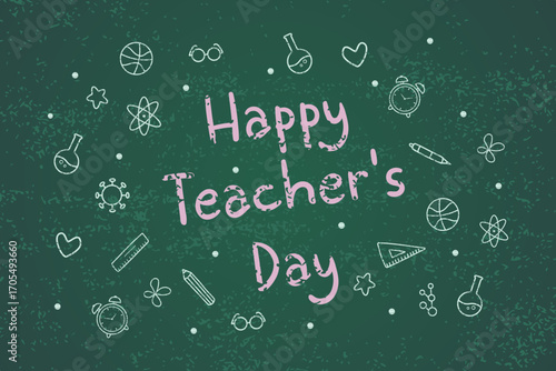 Creative chalkboard background with hand drawn doodles and pink text "Happy Teacher’s Day". Perfect for education, school celebration, greeting card, and academic themed designs.