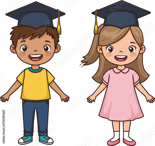 Cartoon graduation children, happy boy and girl wearing cap and gown, smiling kids celebrating achievement, vector illustration, school success, education concept