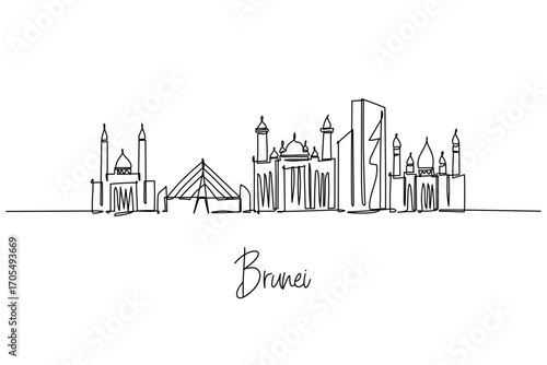 Brunei city skyline continuous line drawing with Sultan Omar Ali Saifuddien Mosque, Jame Asr Hassanil Bolkiah Mosque and Istana Nurul Iman, a cityscape concept for Bandar Seri Begawan travel theme.