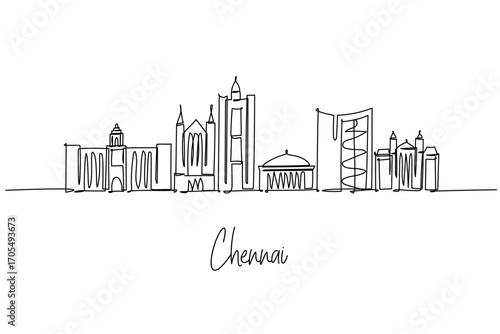 Chennai city skyline single line drawing featuring Ripon Building, San Thome Basilica, LIC Building and Government Museum, a cityscape concept for Tamil Nadu travel theme and India architecture.