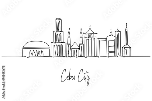 Cebu City skyline continuous line drawing with Magellans Cross, Basilica del Santo Nino, Fort San Pedro and Taoist Temple, a cityscape concept for Visayas travel theme and Philippines heritage.