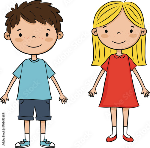 Cartoon children standing together, cute boy and girl illustration, smiling kids character design, vector drawing, childhood happiness, friendship concept, playful art