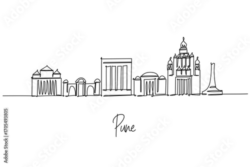 Pune city skyline continuous line drawing featuring Shaniwar Wada, Aga Khan Palace, Fergusson College and Deccan landmarks, a cityscape concept for Maharashtra travel theme and cultural education hub.