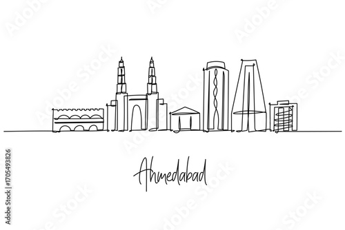 Ahmedabad city skyline single line drawing highlighting Sidi Saiyyed Mosque, Jama Masjid Gate, Sabarmati Ashram and towers, a cityscape concept for Gujarat travel theme and heritage architecture.