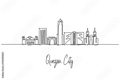 Quezon City skyline single line drawing highlighting Quezon Memorial Circle, Araneta Center, UP Diliman and Eastwood towers, a cityscape concept for Metro Manila travel theme and urban lifestyle.