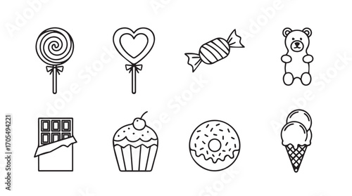 Collection of sweet treats and candies in a simple silhouette style