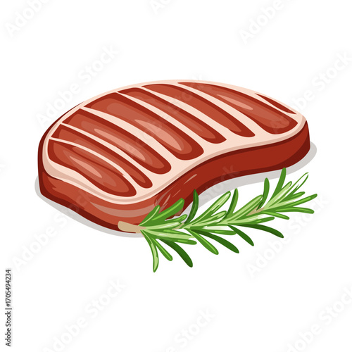 Vector illustration of a raw beef steak with rosemary sprig, perfect for restaurant menu and food design.