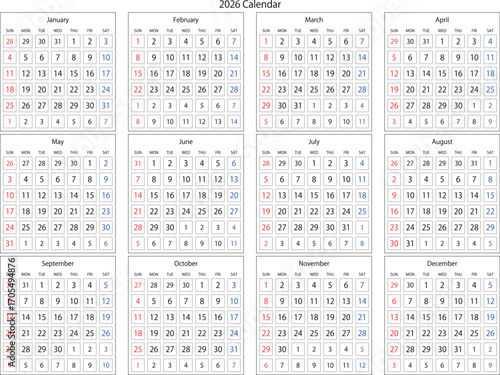 A clear 2026 English calendar showing the entire year at a glance. Perfect for business planning, scheduling, project management, and organizing events in an international format.