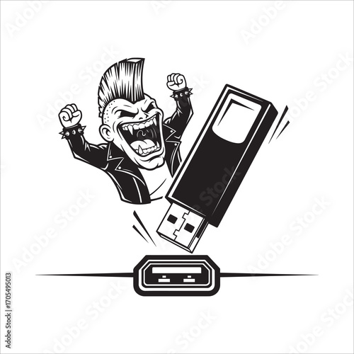Vector art of punk rocker cheers as flash drive connects