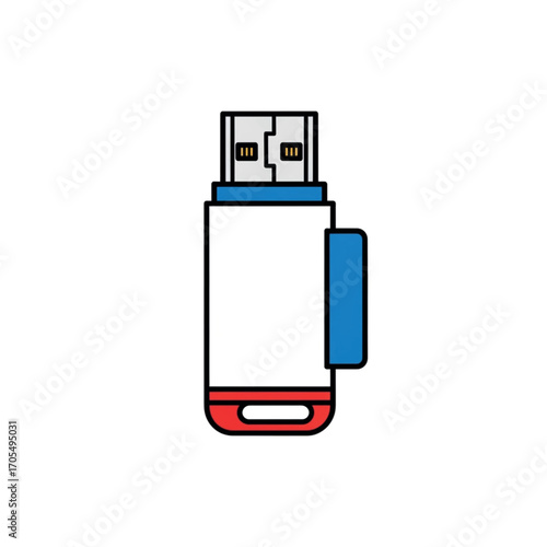 USB flash drive with blue cap and red base.