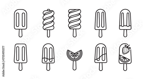 Collection of hand drawn ice cream popsicle silhouettes on white background