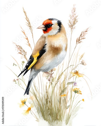 European goldfinch perched gracefully amidst wildflowers in a serene watercolor landscape