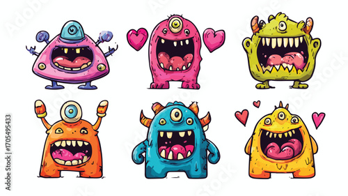 Colorful Cartoon Monsters and UFO Doodle Illustration for Creative Projects