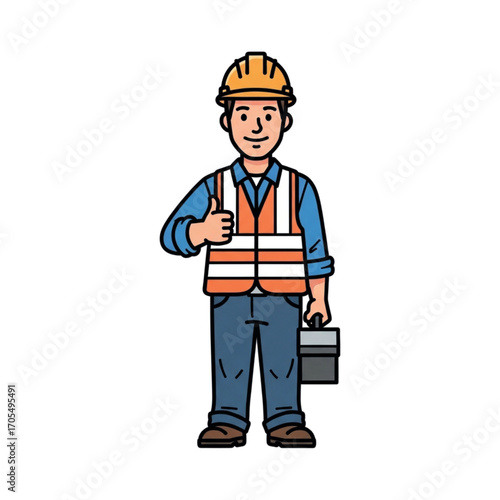 Construction worker giving thumbs up with toolbox.