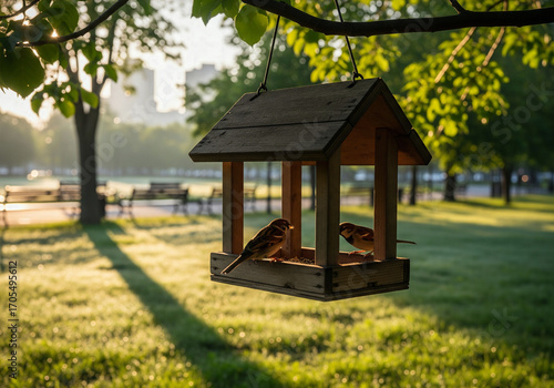 Two sparrows eating from a wooden bird feeder in a sunlit park in the morning