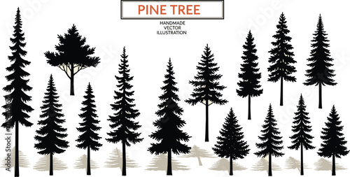 Pine tree vector illustration, forest silhouette artwork, handmade nature drawing, evergreen tree design, woodland graphic, landscape element, ink sketch
