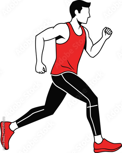 Running man illustration, athletic pose, fitness vector, sportswear, exercise motion, red shirt, black pants, jogging action, healthy lifestyle, clipart