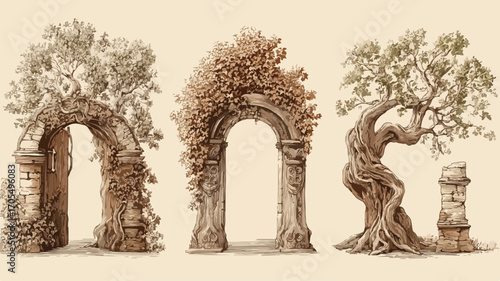 Elegant Elven Archway and Gate Engraving Set - Vintage Hand-Drawn Illustration