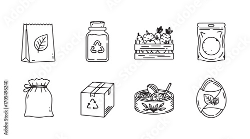 Collection of hand drawn eco friendly packaging and container silhouettes