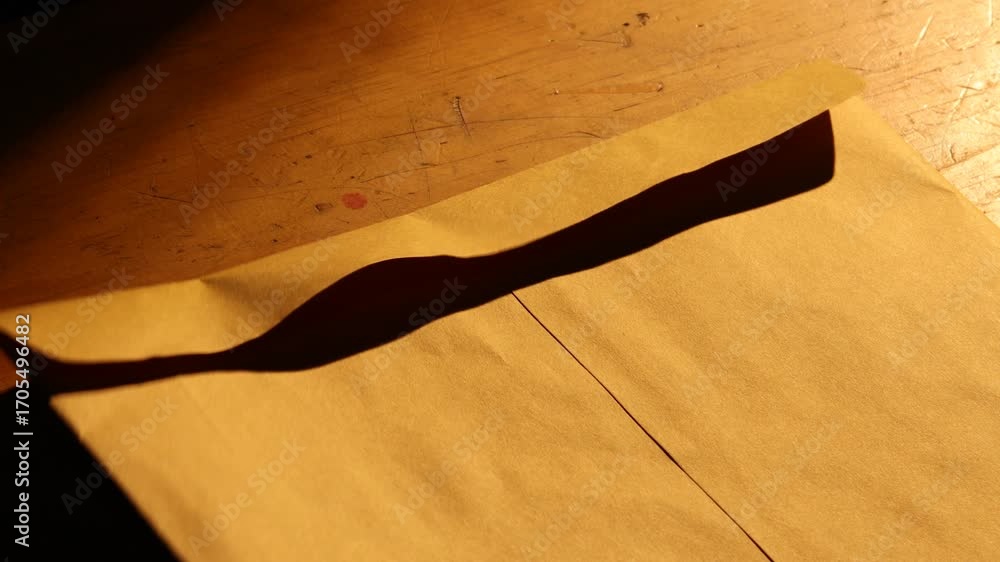 Close-up of someone opening the dummy documents marked with a red urgent stamp, nested within an envelope.