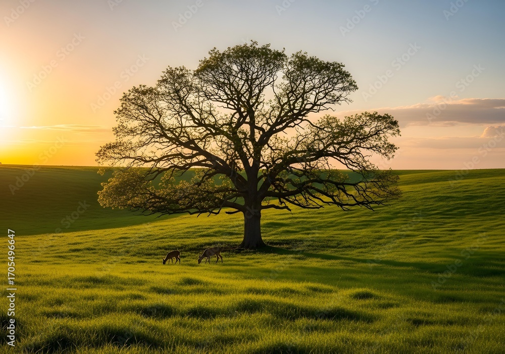 Obraz premium Lone tree with deer grazing nearby.